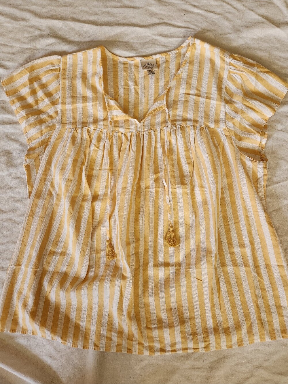 St. John's Bay Yellow White Striped Peasant Blouse Tassel Tie Size 3X